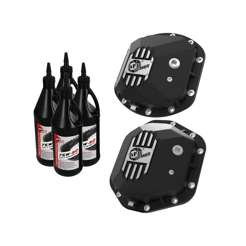 aFe 07-11 Jeep Wrangler JK Street Series Front & Rear Diff. Covers Black w/ Machined Fins/Gear Oil