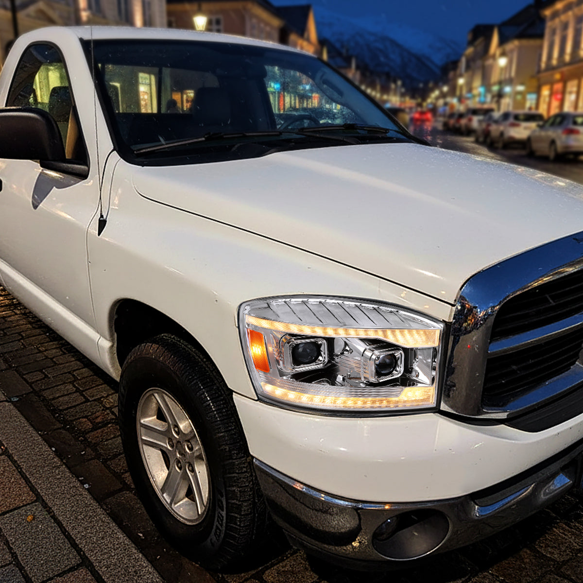 2006â€“2008 Dodge RAM 1500 / 2006â€“2009 RAM 2500 3500 Projector Headlights with Switchback Amber LED Strips, Sequential Turn Signals, DRL & Startup Animation (Chrome Housing / Clear Lens)