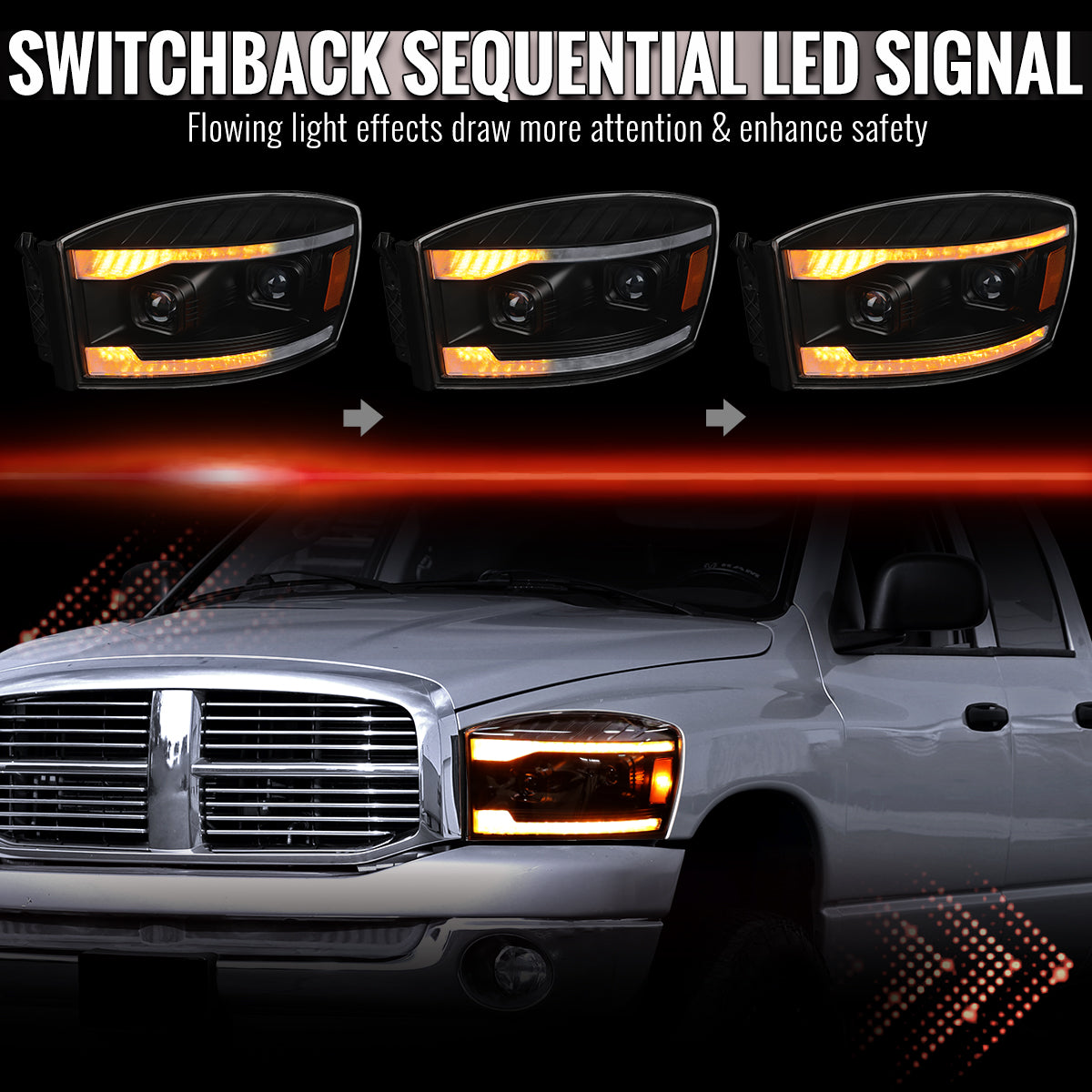 2006â€“2008 Dodge RAM 1500 / 2006â€“2009 RAM 2500 3500 Projector Headlights with Switchback Amber LED Strips, Sequential Turn Signals, DRL & Startup Animation (Black Housing / Clear Lens)