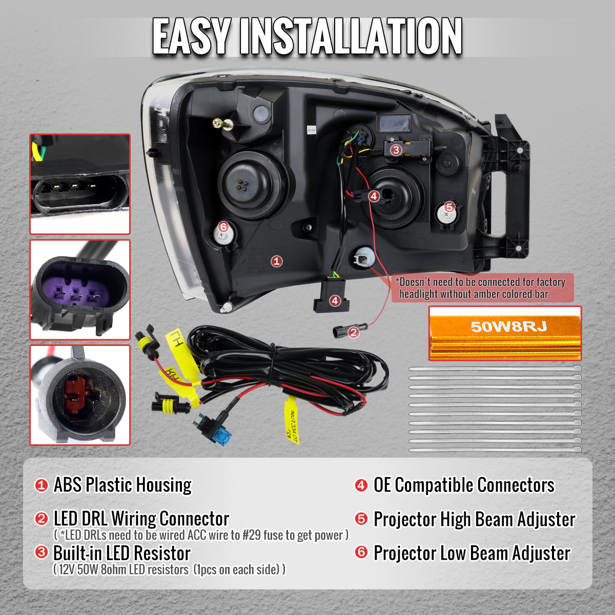 2006â€“2008 Dodge RAM 1500 / 2006â€“2009 RAM 2500 3500 Projector Headlights with Switchback Amber LED Strips, Sequential Turn Signals, DRL & Startup Animation (Black Housing / Clear Lens)