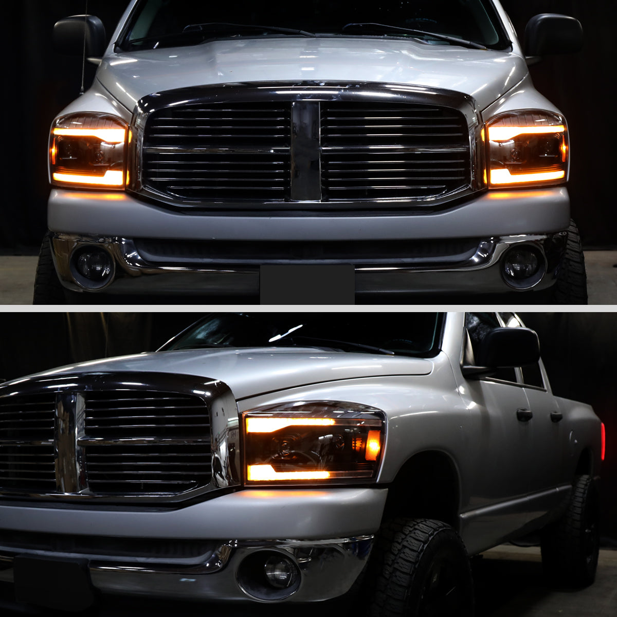 2006â€“2008 Dodge RAM 1500 / 2006â€“2009 RAM 2500 3500 Projector Headlights with Switchback Amber LED Strips, Sequential Turn Signals, DRL & Startup Animation (Black Housing / Smoked Lens)