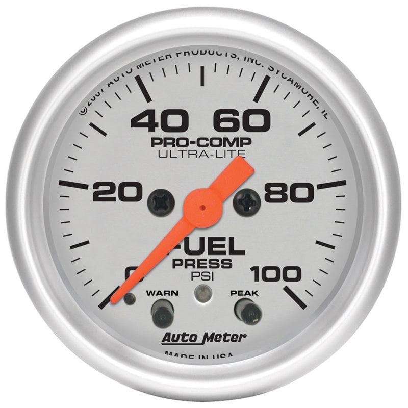 Autometer Ultra-Lite 52mm 0-100 PSI Fuel Pressure w/ Peak Memory Warning Gauge-SR1 Performance
