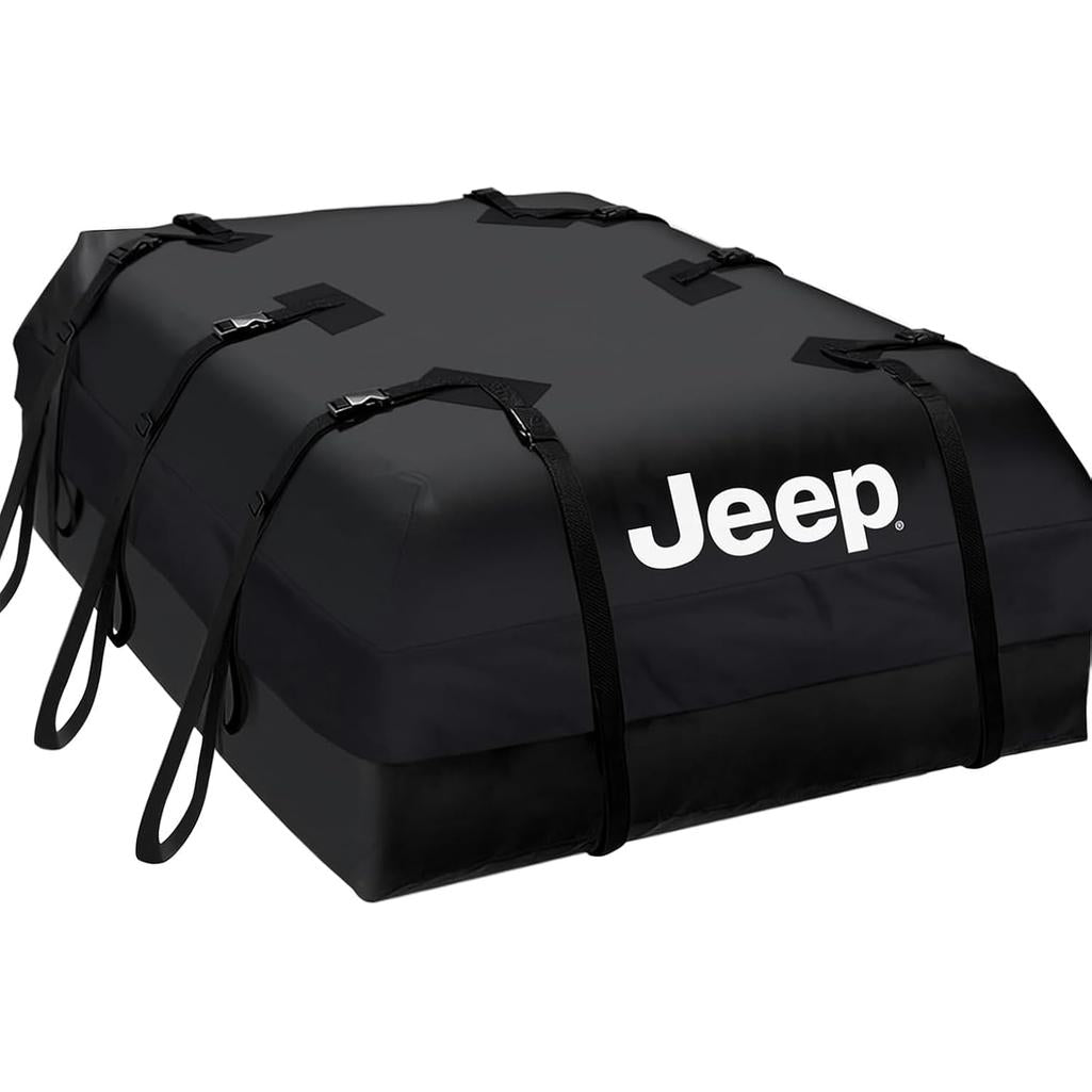 Car Roof Cargo Bag – 100% Waterproof Rooftop Carrier for Cars with/Without Rack, Includes Non-Slip Mat, Heavy-Duty Straps, Door Hooks & Lock for Secure Travel Storage (15 Cubic Feet, Jeep Logo)