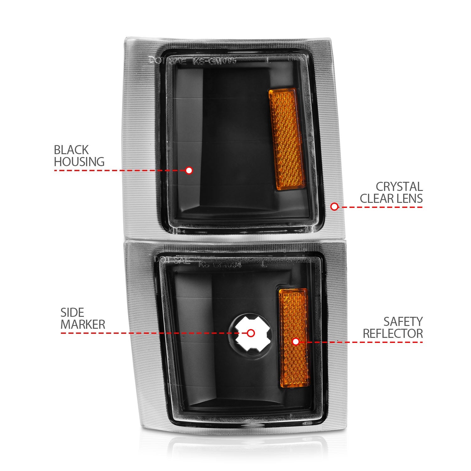 CHEVY C/K1500/2500 94-98 / C/K 3500 94-00 / SUBURBAN 94-99 / TAHOE 95-99 / BLAZER (FULL SIZE) 94 CORNER LIGHTS BLACK CLEAR LENS W/ AMBER REFLECTOR
