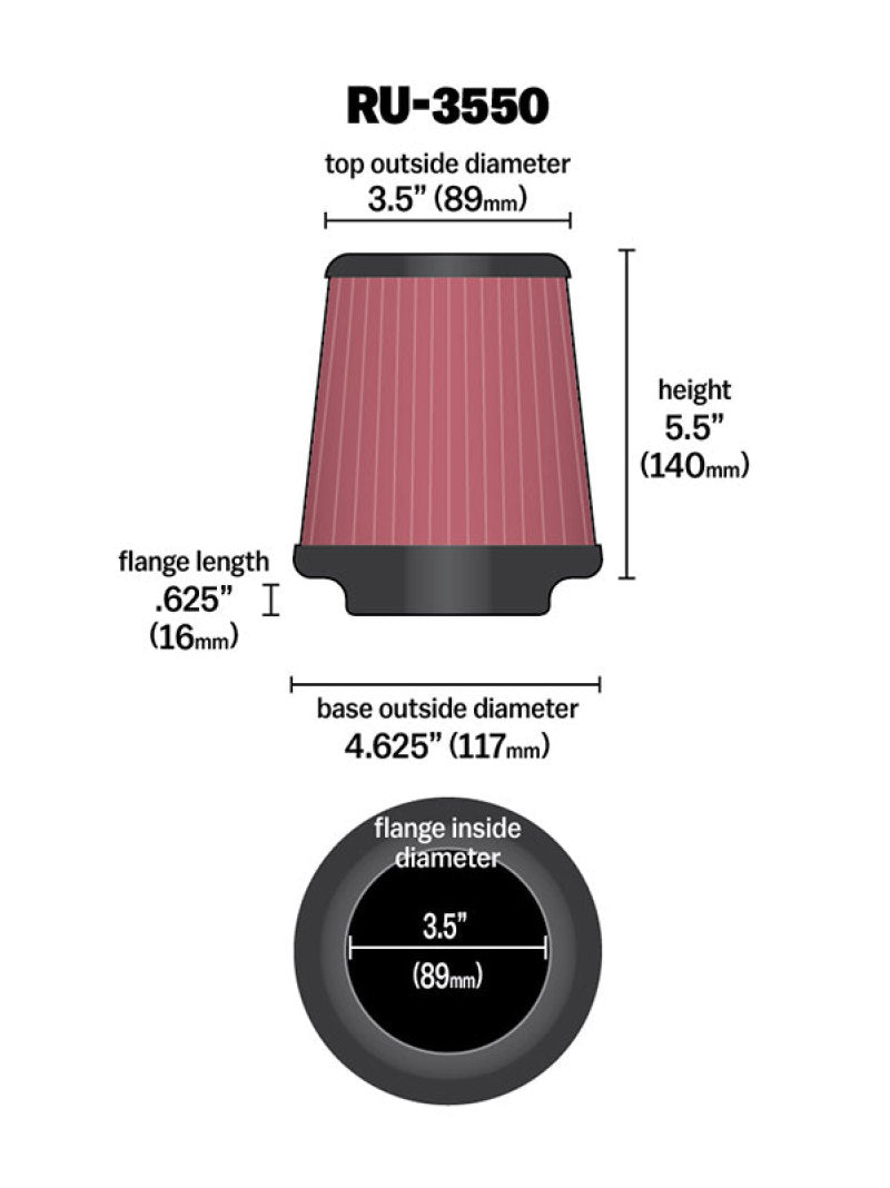 K&N Universal Rubber Filter 3 1/2 inch FLG / 4 5/8 inch Base / 3-1/2 inch Top / 5 1/2 inch Height-SR1 Performance