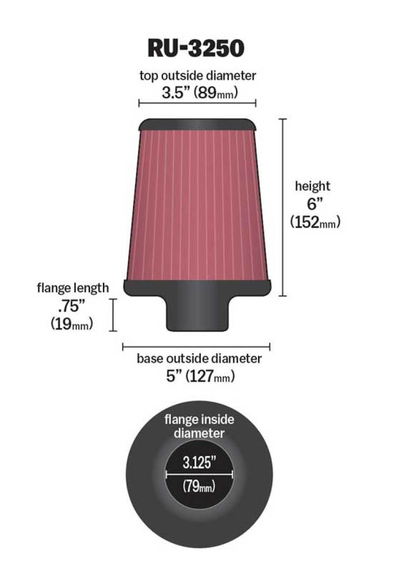 K&N Universal Tapered Filter 3.125in Flange ID x 5in Base OD x 3.5in Top OD x 6in Height-SR1 Performance