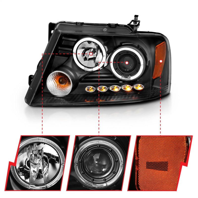 ANZO 2004-2008 Ford F-150 Projector Headlights w/ Halo and LED Black G2-SR1 Performance