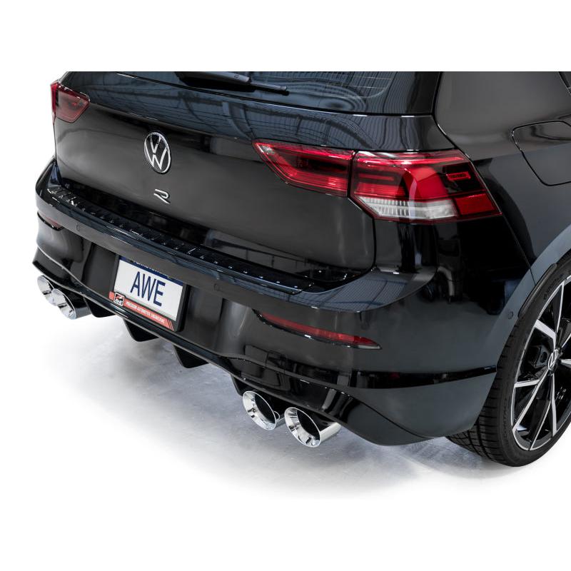 AWE MK8 Volkswagen Golf R 3in Track Edition Quad Exhaust - Chrome Silver Tips-SR1 Performance