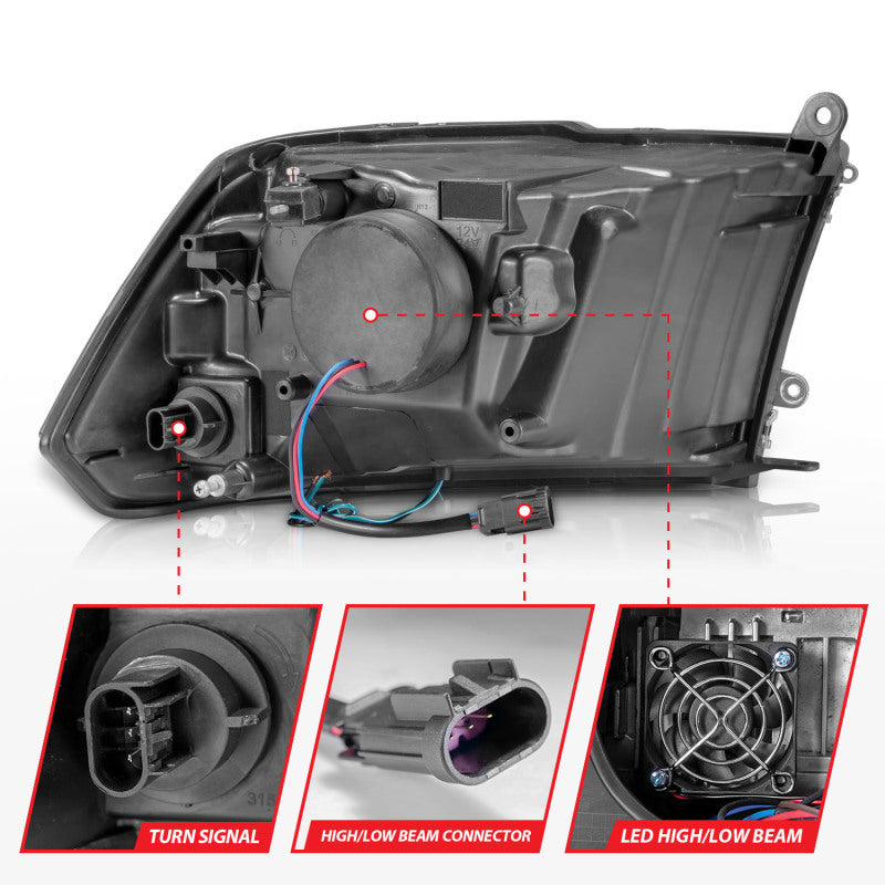 ANZO 2009-2020 Dodge Ram 1500 Full LED Square Projector Headlights with Black Housing and Clear Lens