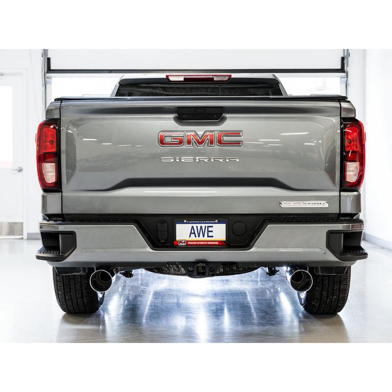 AWE Tuning 4th Gen GM 1500 5.3L 0FG Catback Split Rear Exit (Flat Bumper) - Quad Chrome Tips