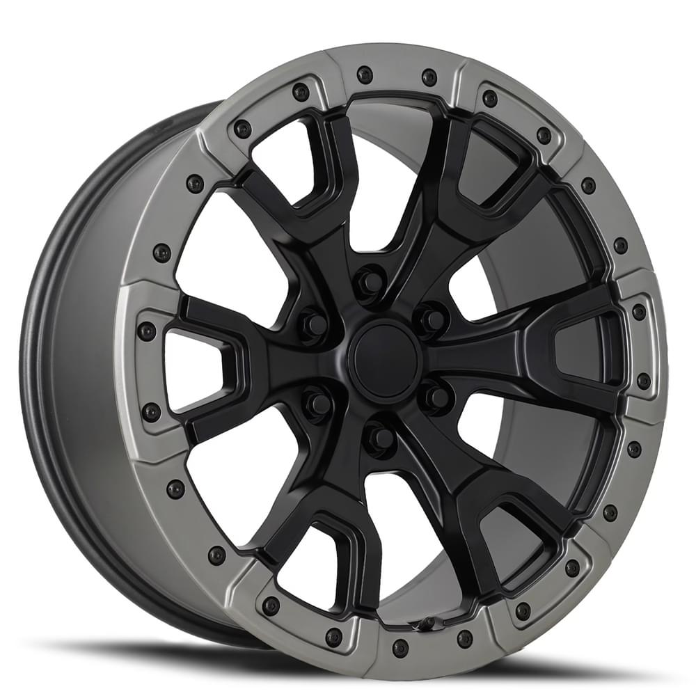 20X9 6X5.5 +20 HB 93.1 BRONCO REPLICA SATIN BLACK/ GRAY RING WITH CAP-SR1 Performance
