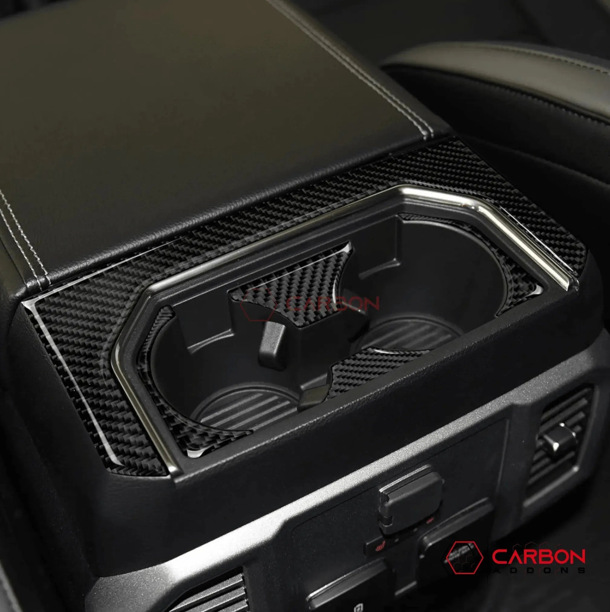 [5pcs] Real Carbon Rear Center Cup Holder Trim Overlay | 2015-2020 Ford F150 - carbonaddons Carbon Fiber Parts, Accessories, Upgrades, Mods