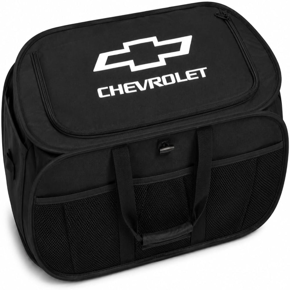 Chevrolet Trunk Organizer - Expandable Pop Up Collapsible Cargo Storage Caddy for Chevy Cars, Trucks & SUVs - Black with Bowtie Logo