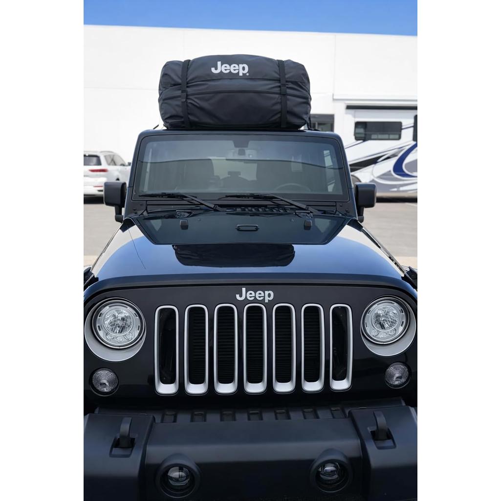 Car Roof Cargo Bag – 100% Waterproof Rooftop Carrier for Cars with/Without Rack, Includes Non-Slip Mat, Heavy-Duty Straps, Door Hooks & Lock for Secure Travel Storage (15 Cubic Feet, Jeep Logo)