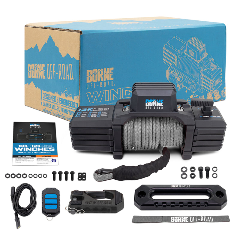 Borne Off-Road 12K Winch with Grey Synthetic Rope – Heavy-Duty Automotive Winch for Off-Road Recovery