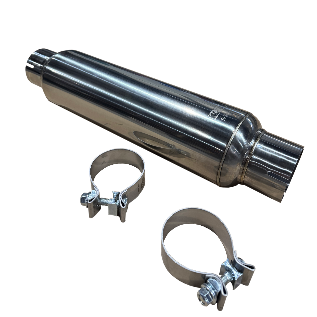 3" Round Clamp In Muffler 14" Long. Polished Stainless Steel.