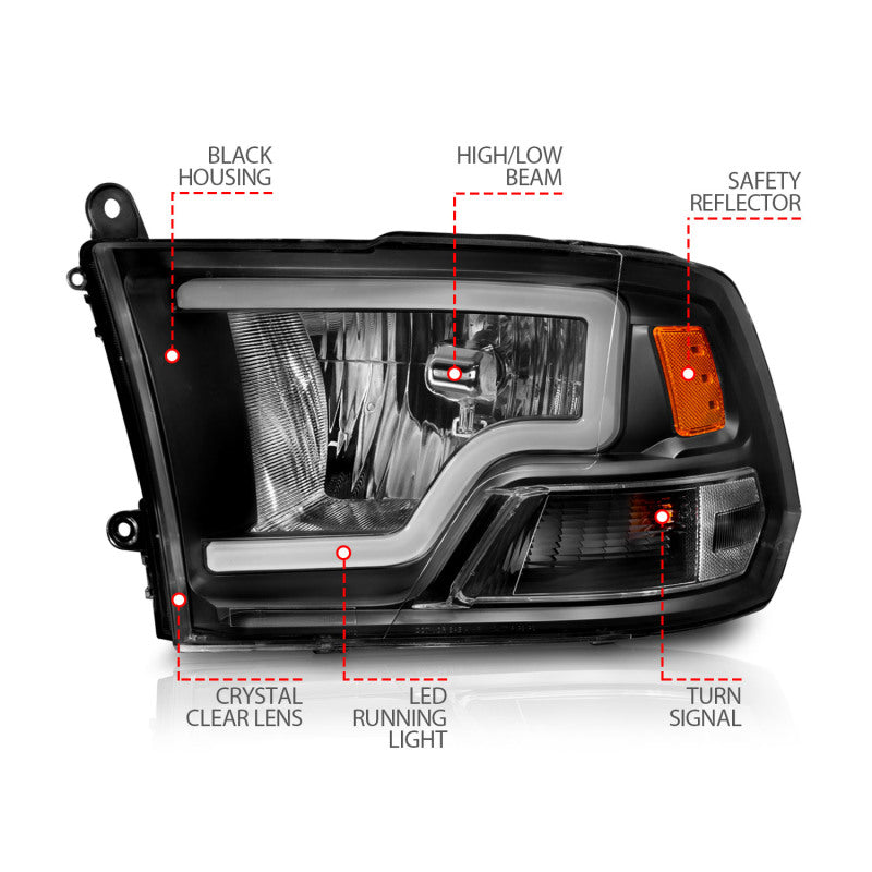 ANZO 2009-2018 Dodge Ram Crystal Headlights with Light Bar, Black Housing, Clear Lens