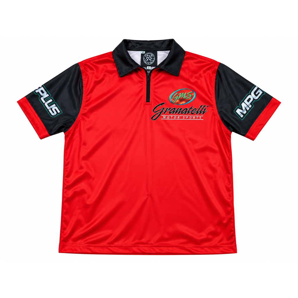 Red and black Granatelli Motor Sports shirt, front view