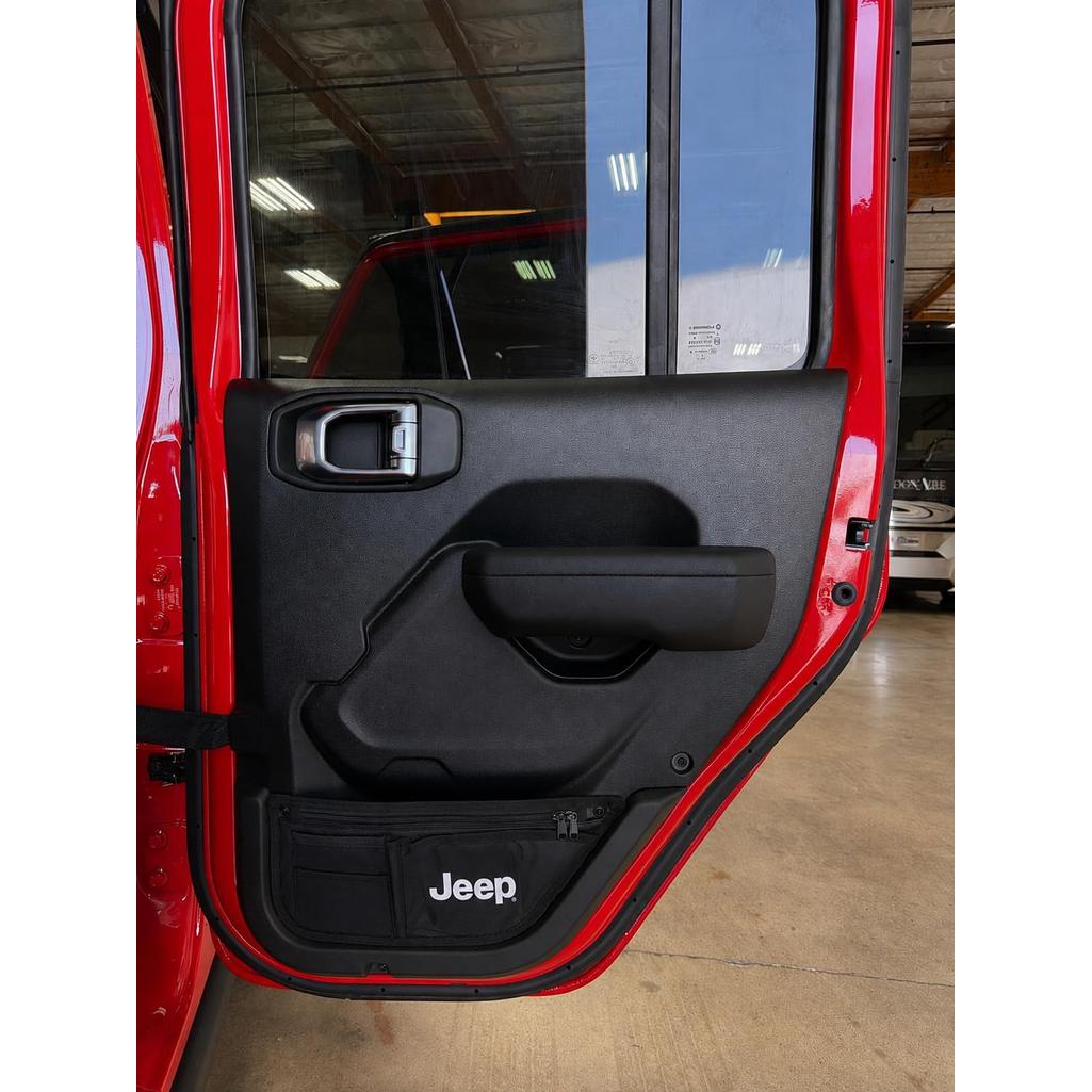 Jeep Wrangler JL & Gladiator JT Door Storage Pockets (4 Pack) – Officially Licensed Jeep Interior Organizer, Premium PU Leather Material, Easy Install Side Door Grab Handle Storage Bags (Jeep Logo)