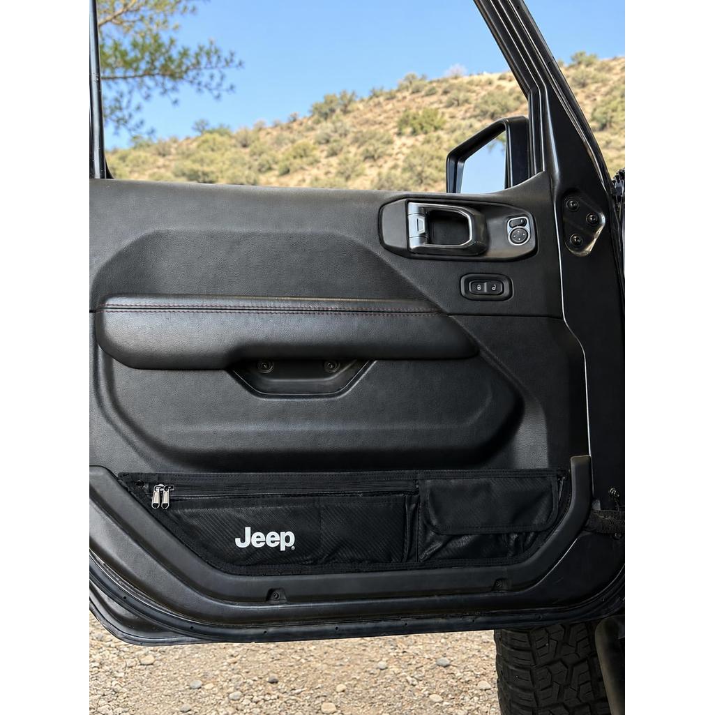 Jeep Wrangler JL & Gladiator JT Door Storage Pockets (4 Pack) – Officially Licensed Jeep Interior Organizer, Premium PU Leather Material, Easy Install Side Door Grab Handle Storage Bags (Jeep Logo)