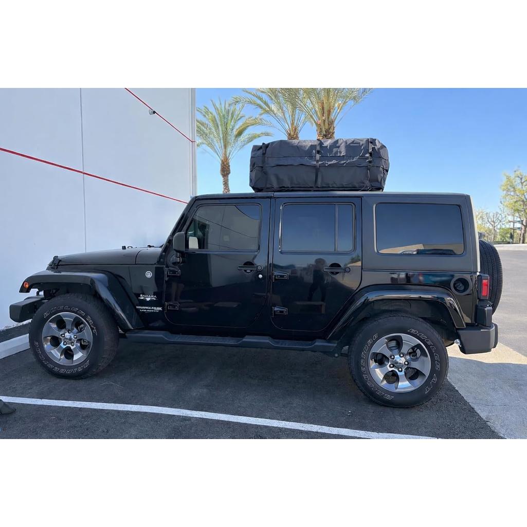 Car Roof Cargo Bag – 100% Waterproof Rooftop Carrier for Cars with/Without Rack, Includes Non-Slip Mat, Heavy-Duty Straps, Door Hooks & Lock for Secure Travel Storage (15 Cubic Feet, Jeep Logo)