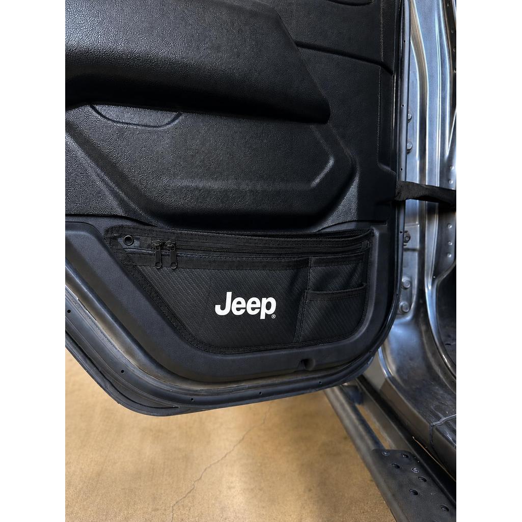 Jeep Wrangler JL & Gladiator JT Door Storage Pockets (4 Pack) – Officially Licensed Jeep Interior Organizer, Premium PU Leather Material, Easy Install Side Door Grab Handle Storage Bags (Jeep Logo)