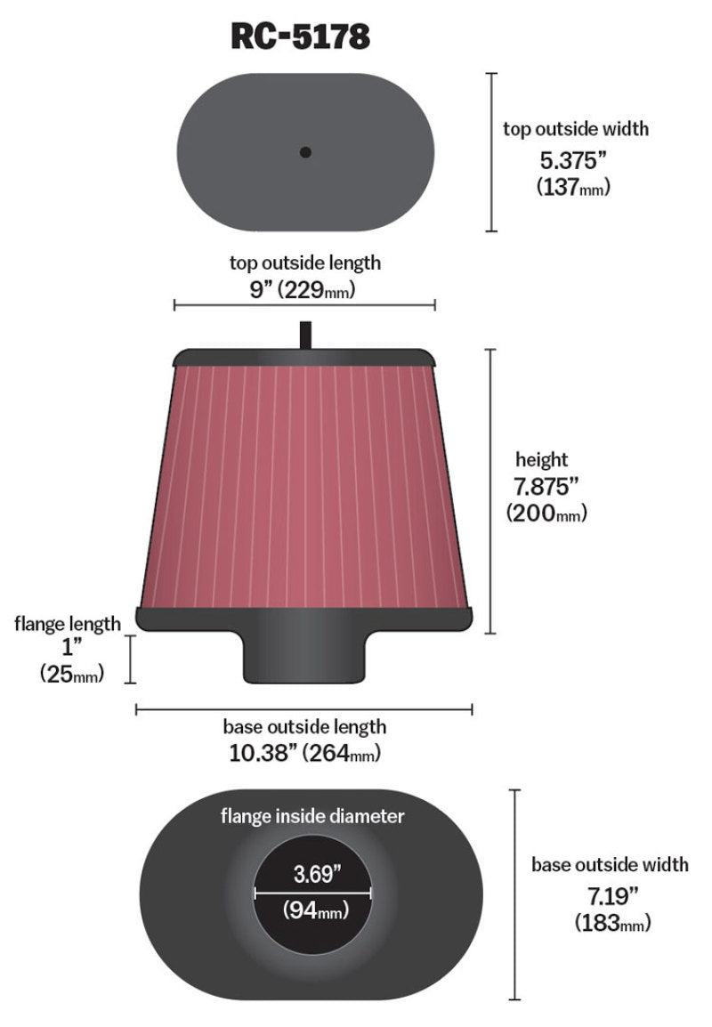 K&N Universal Air Filter - Oval Straight - 3.688in Flange ID x 10.25in Base O/S Length x 7.875in H-SR1 Performance