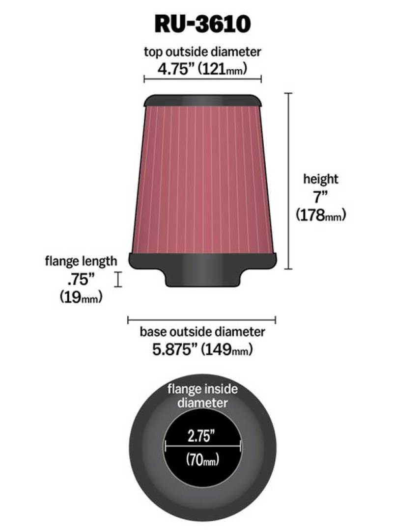 K&N Universal Rubber Filter 2.75in Flange ID x 5.875in Base OD x 4.75in Top OD x 7in Height-SR1 Performance
