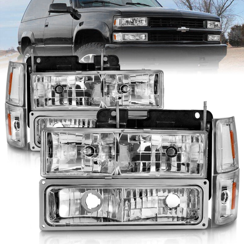 ANZO 88-98 Chevrolet C1500 Crystal Headlights with Signal and Side Marker Lights, Chrome Housing