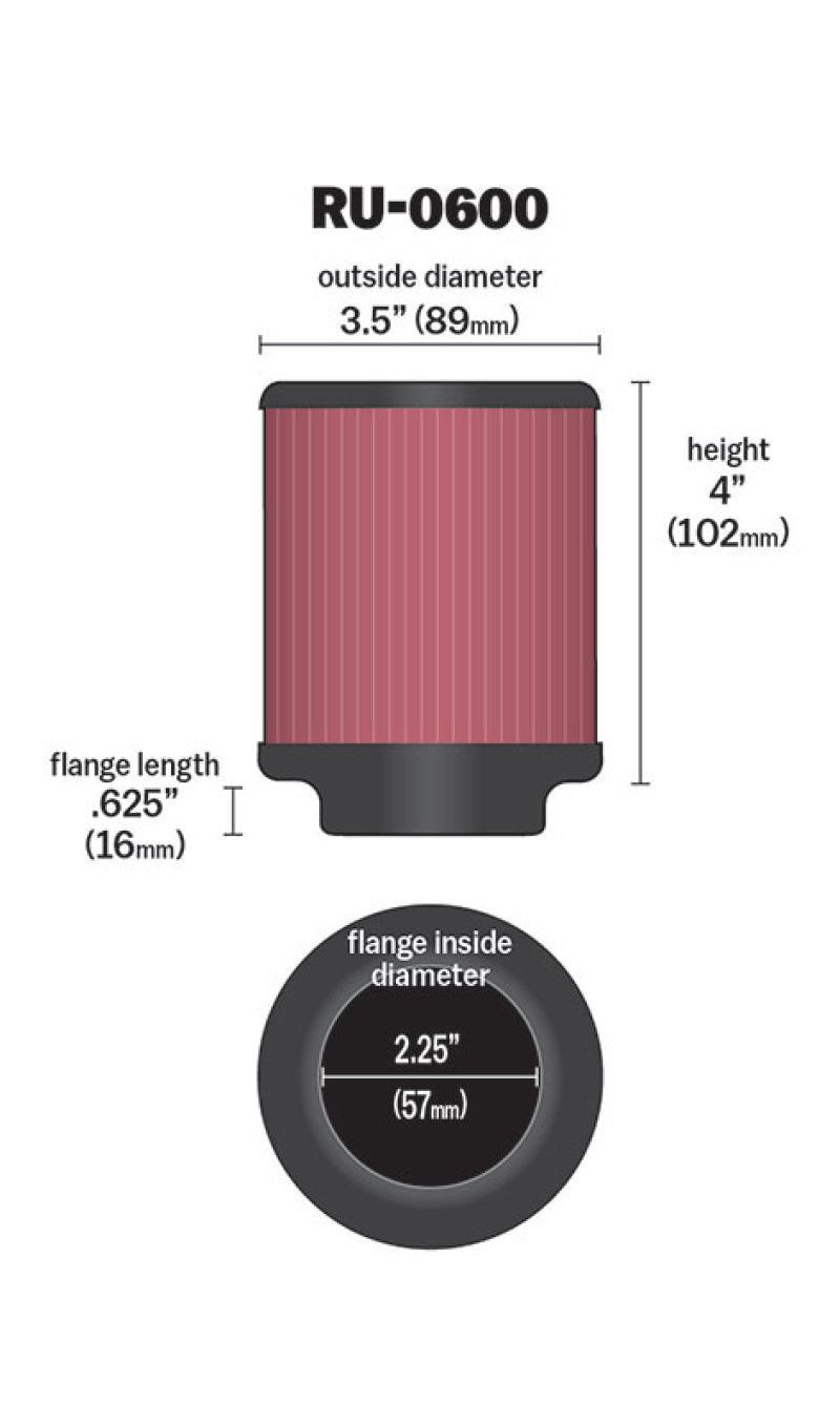 K&N Filter Universal Rubber Filter 2 1/4 inch Flange 3 1/2 inch OD 4 inch Height-SR1 Performance