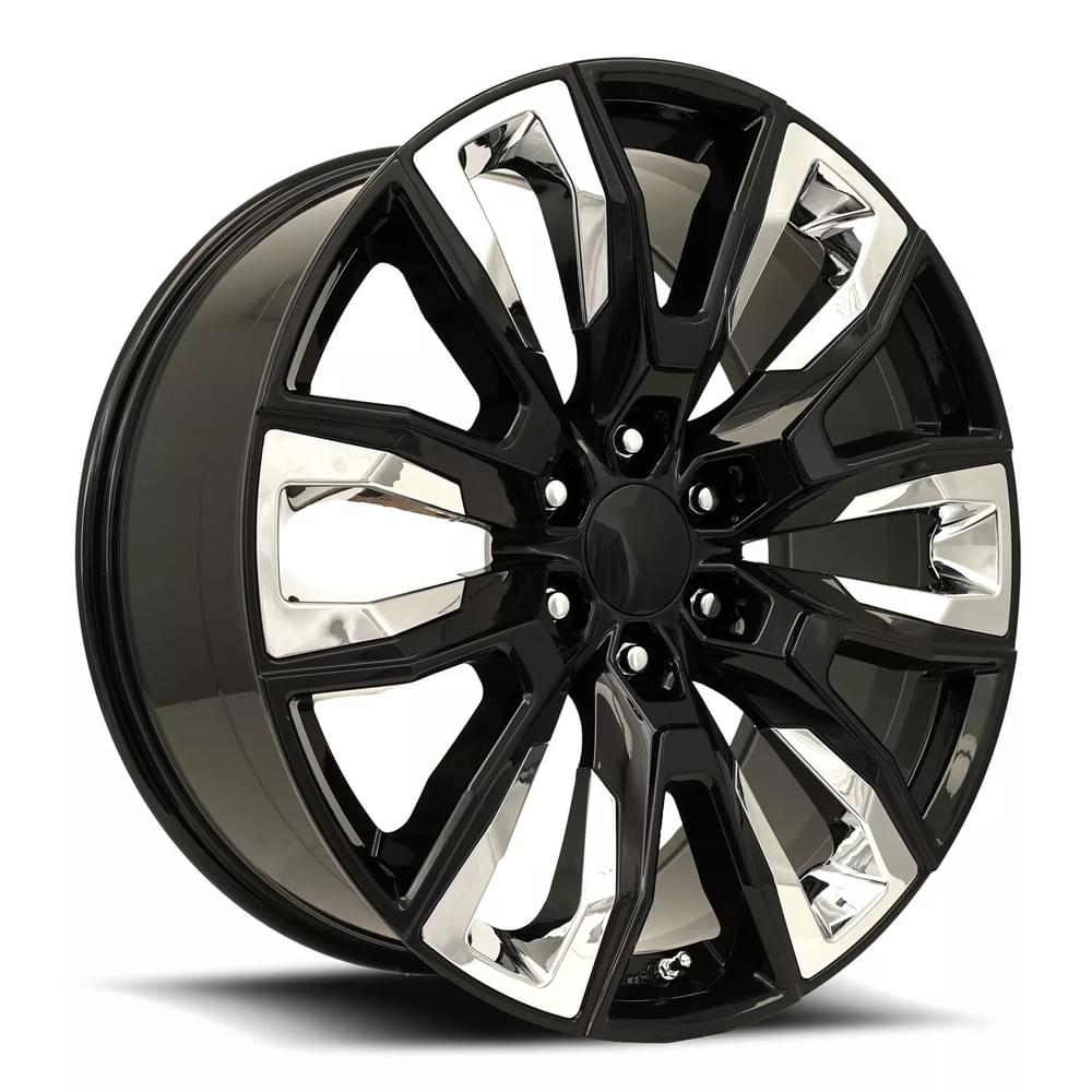 22X9 6X5.5 +28 HB 78.1 GM SPLIT 6 SPOKE REPLICA BLACK W/CHROME INSERTS WITH CAP-SR1 Performance