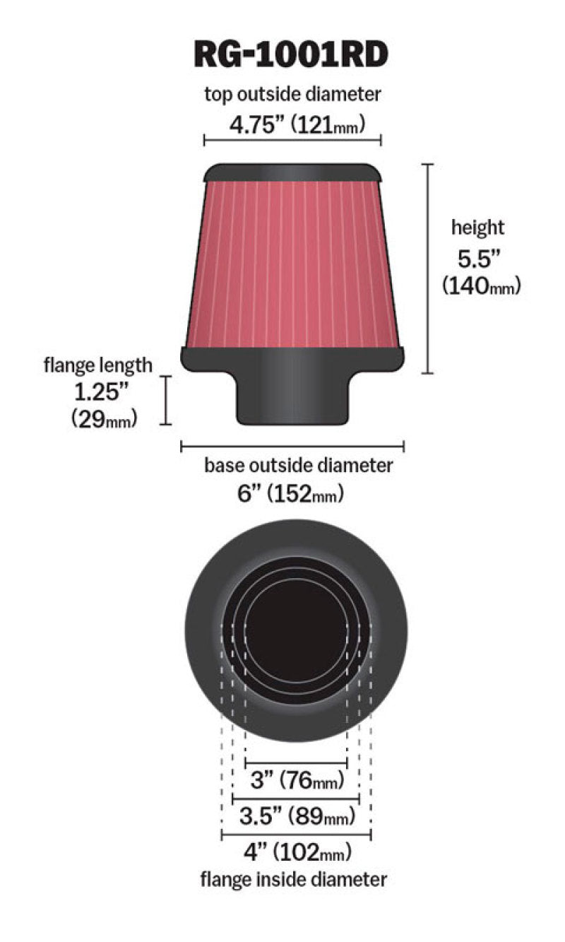 K&N Universal Air Filter Chrome Round Tapered Red - 4in Flange ID x 1.125in Flange Length x 5.5in H-SR1 Performance