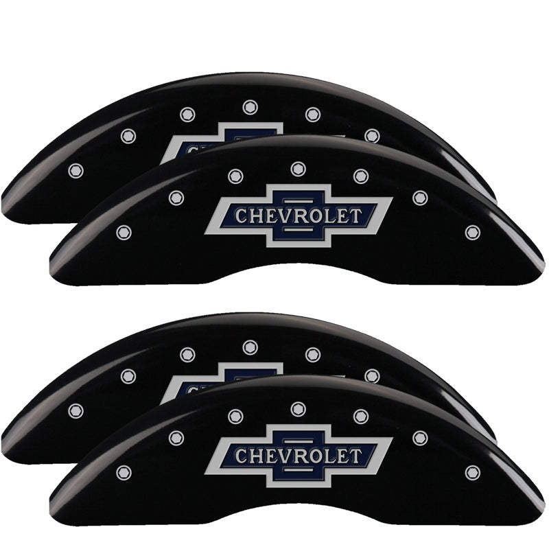 MGP 4 Caliper Covers for Chevrolet Silverado 2018-2019 - Engraved 100th Anniversary Black Finish with Silver Characters