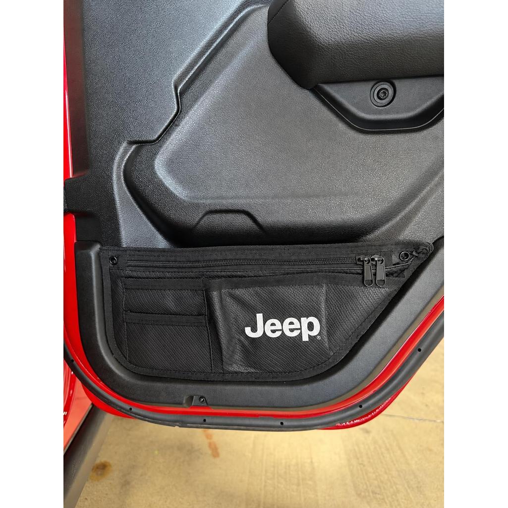 Jeep Wrangler JL & Gladiator JT Door Storage Pockets (4 Pack) – Officially Licensed Jeep Interior Organizer, Premium PU Leather Material, Easy Install Side Door Grab Handle Storage Bags (Jeep Logo)