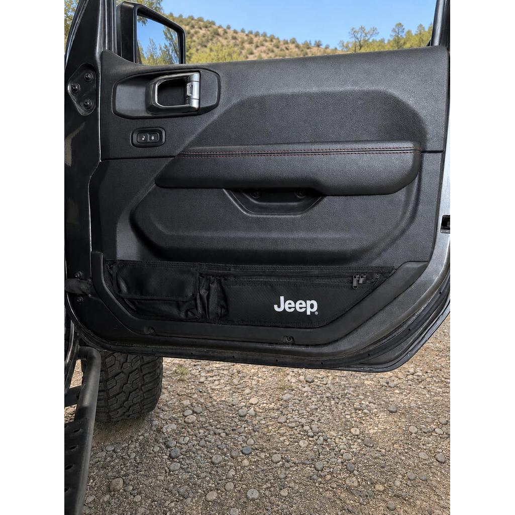 Jeep Wrangler JL & Gladiator JT Door Storage Pockets (4 Pack) – Officially Licensed Jeep Interior Organizer, Premium PU Leather Material, Easy Install Side Door Grab Handle Storage Bags (Jeep Logo)