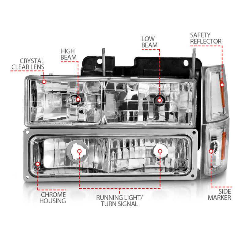 ANZO 88-98 Chevrolet C1500 Crystal Headlights with Signal and Side Marker Lights, Chrome Housing