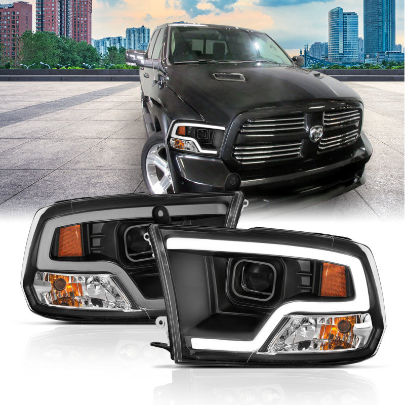 ANZO 09-18 Dodge Ram 1500 Plank Style Projector Headlights with Halo in Black