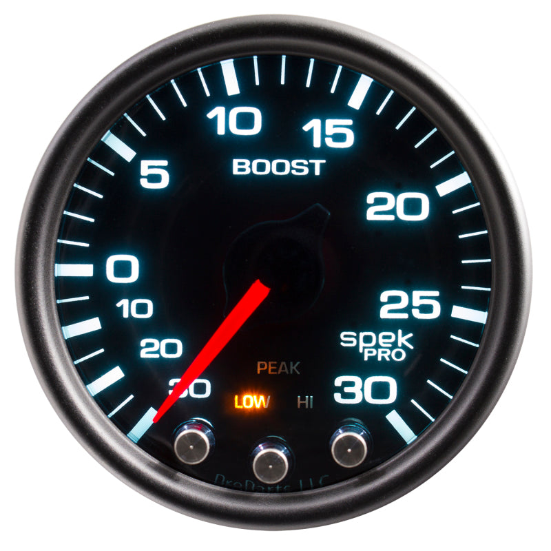 Autometer Spek-Pro Gauge Vac/Boost 2 1/16in 30Inhg-30psi Stepper Motor Peak & Warn Black/Smoke/Black-SR1 Performance