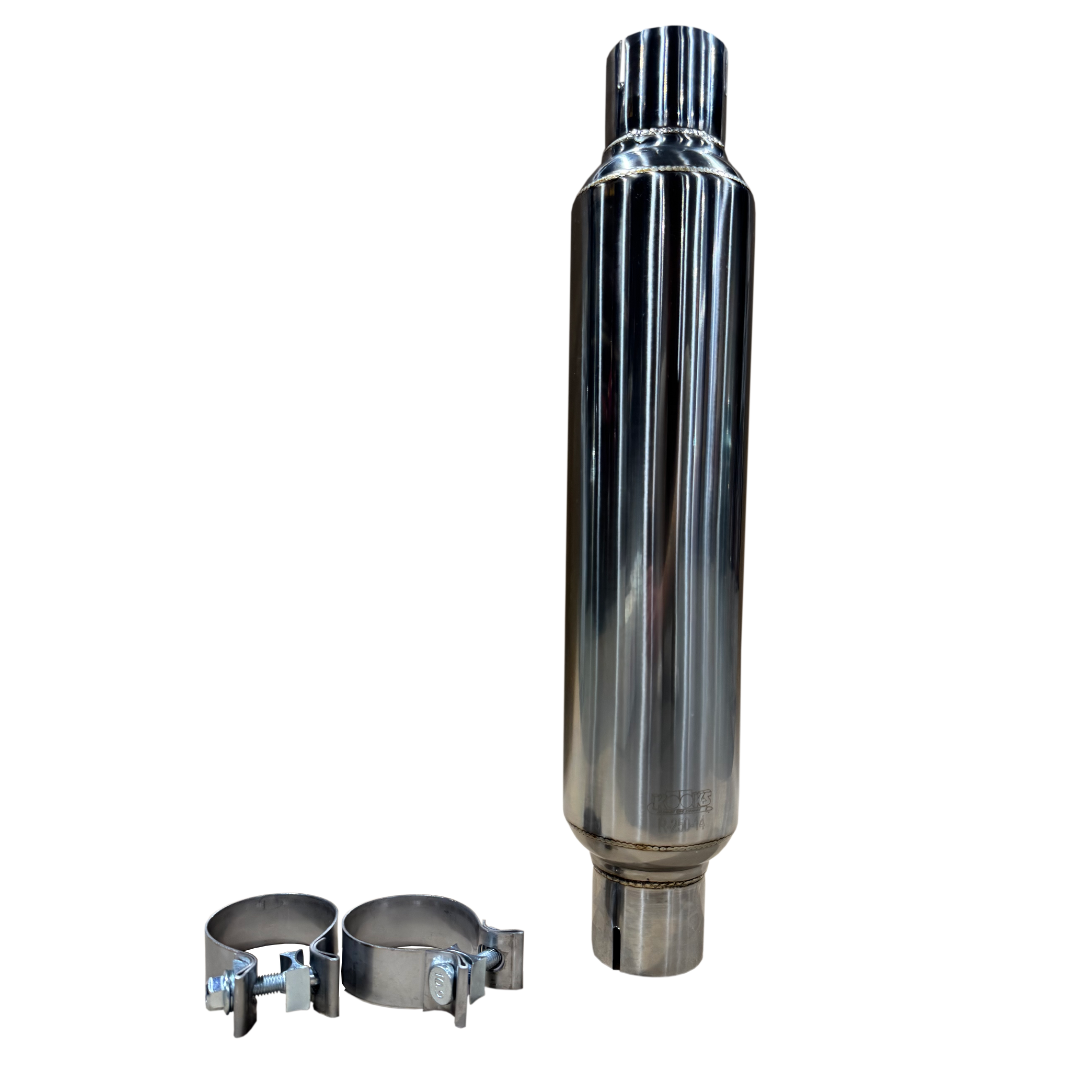 2-1/2" Round Clamp In Muffler 14" Long. Polished Stainless Steel.