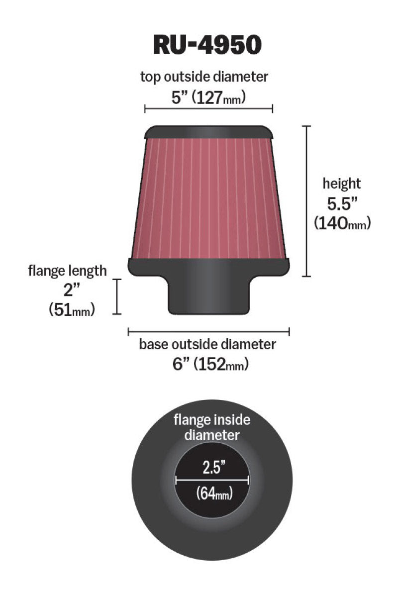 K&N Filter Universal Rubber Filter 2 1/2 inch Flange 6 inch Base 5 inch Top 5 1/2 inch Height-SR1 Performance