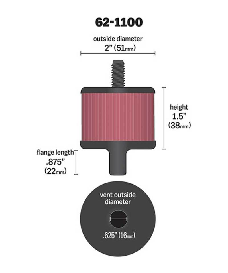 K&N Steel Base Crankcase Vent Filter 0.5in Vent OD x 2in OD x 1.5in Height-SR1 Performance