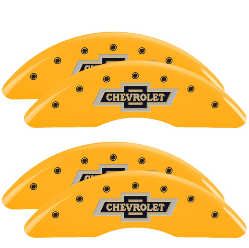 MGP 4 Caliper Covers for 2018-2019 Chevrolet Silverado 2500HD and 3500HD * 100th Anniversary Yellow Finish with Black Engraving