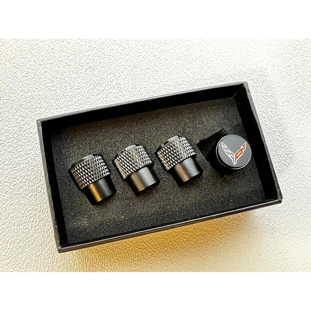 C8 Corvette Crossed Flag Logo Valve Stem Cap - Black Knurled-SR1 Performance