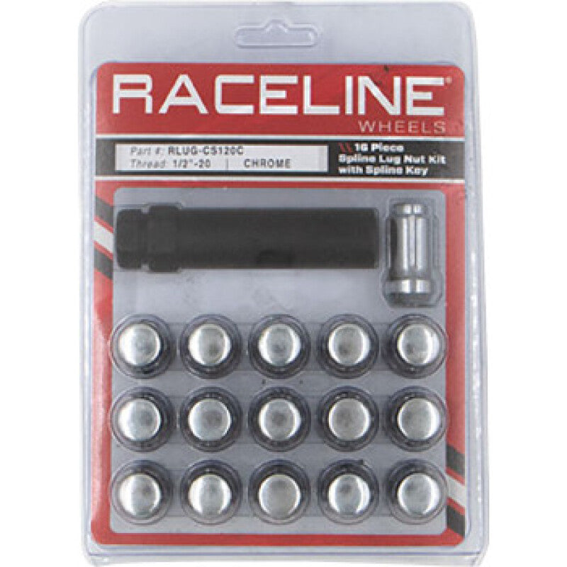 Raceline Spline Lug Nut Kit with Spline Key 1/2in-20 - Chrome - 16 Pack