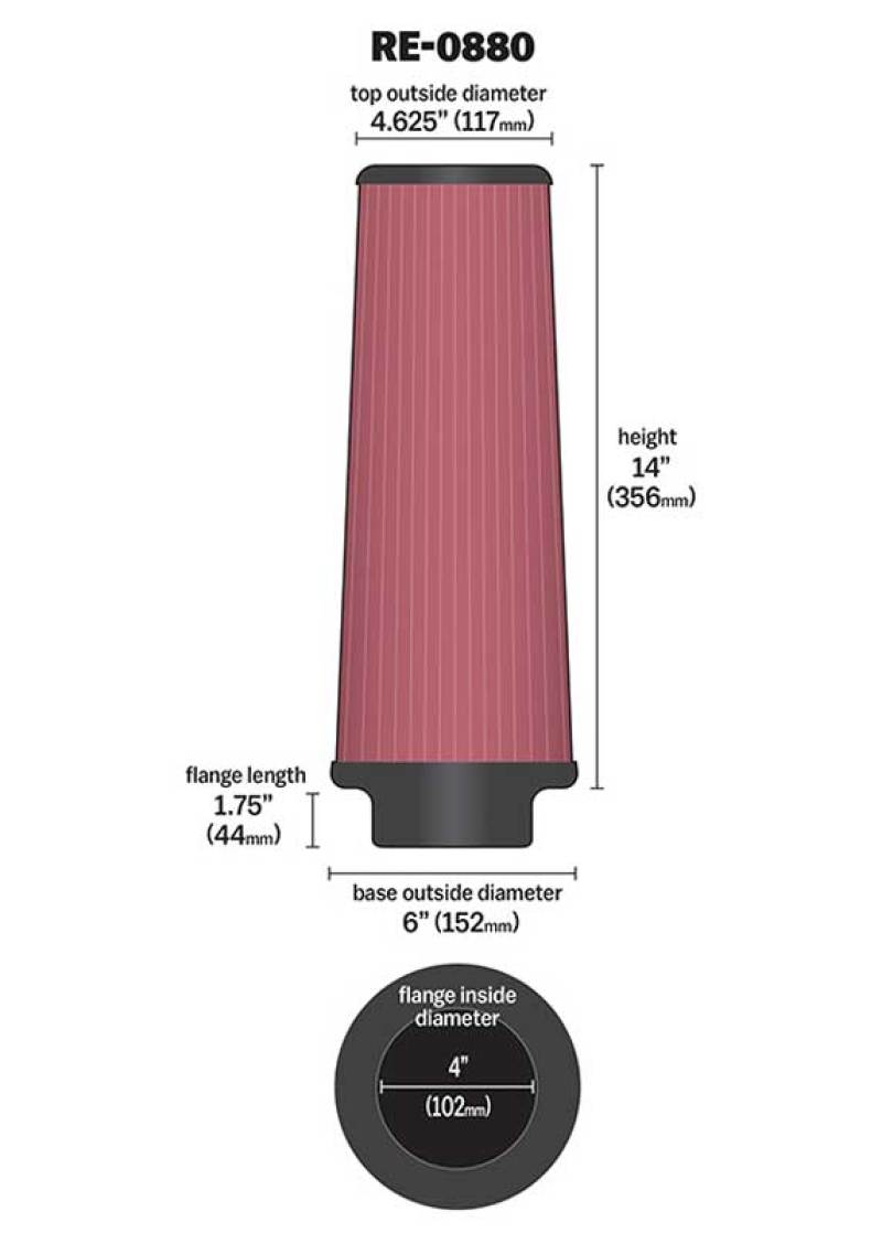 K&N Universal Rubber Filter 4inch FLG / 6inch OD-B / 4-5/8inch OD-T / 14inch H-SR1 Performance