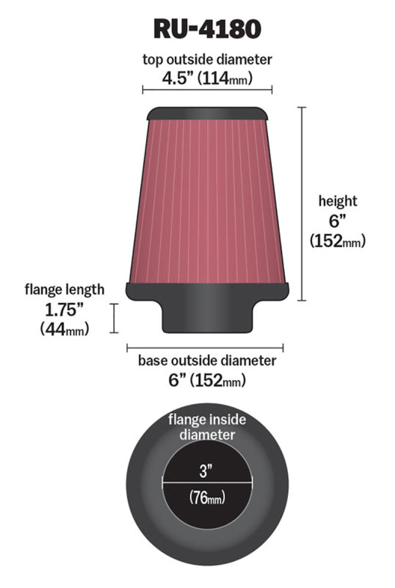 K&N Universal Clamp-On Air Filter 3in FLG / 6in B / 4-1/2in T / 6in H-SR1 Performance