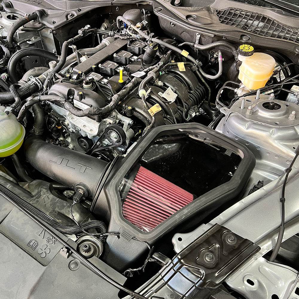 JLT Cold Air Intake with Snap-In Lid for 2015-22 Ford Mustang Ecoboost 2.3L Turbo - NO TUNE REQUIRED - S&B installed in the engine compartment of a vehicle
