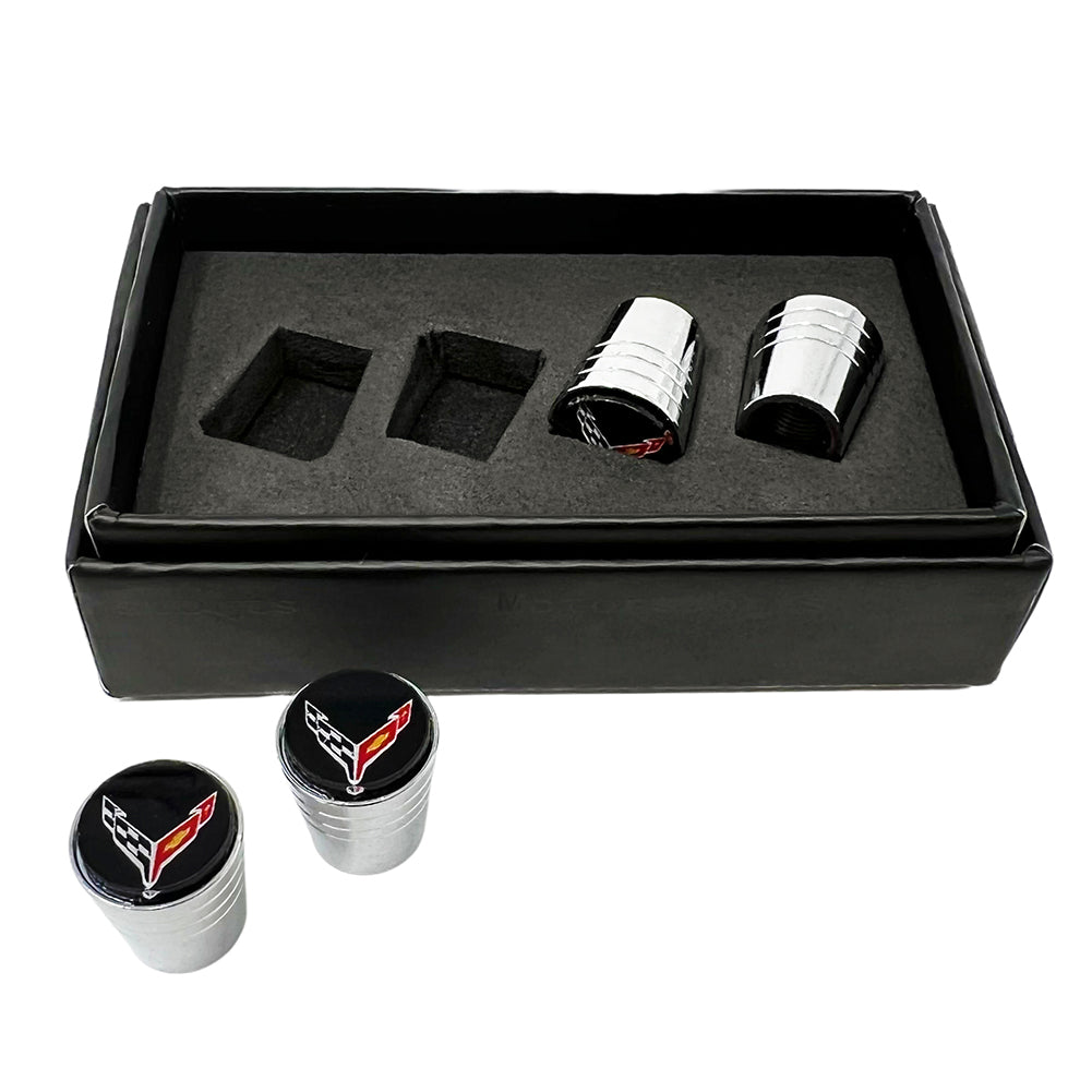 C8 Corvette Crossed Flags Logo Tapered Aluminum Valve Stem Caps-SR1 Performance