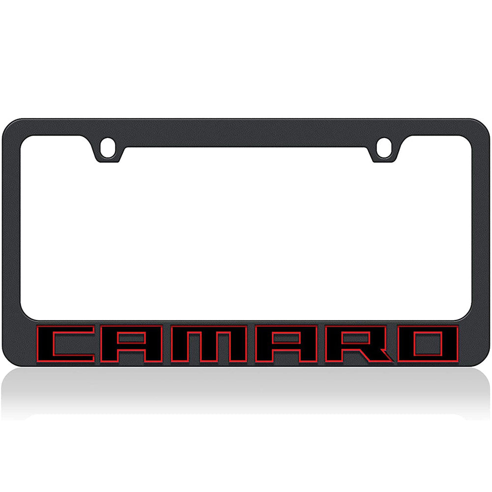 Camaro License Plate Frame - Black with Red Outlined Logo