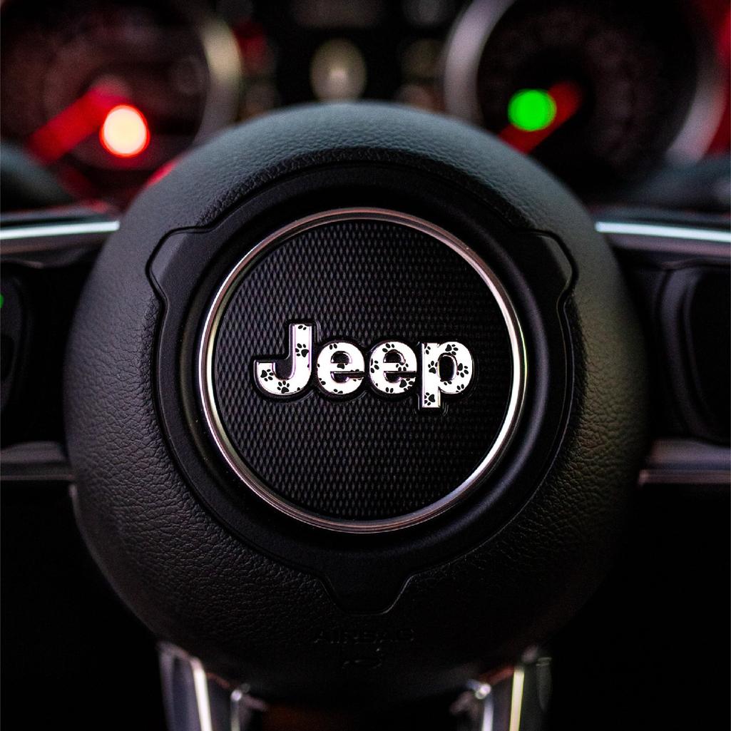 Jeep logo on a car steering wheel with a blurred dashboard in the background